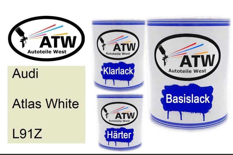 Audi, Atlas White, L91Z: 1L Lackdose + 1L Klarlack + 500ml Härter - Set, von ATW Autoteile West.